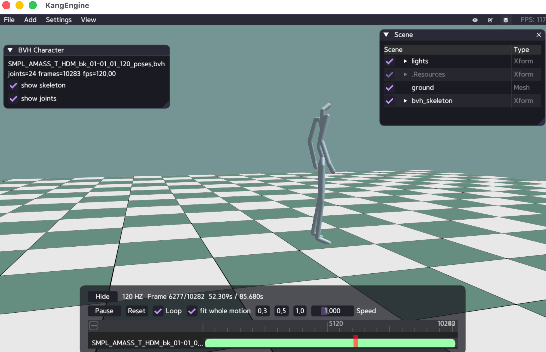 BVH skeleton and motion sequencer